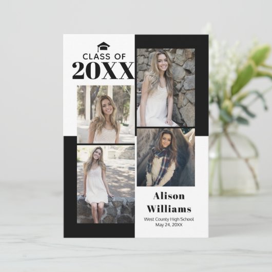 Klasse van 2025 vier foto's zwart, wit afstuderen aankondiging (Staand voorkant)
