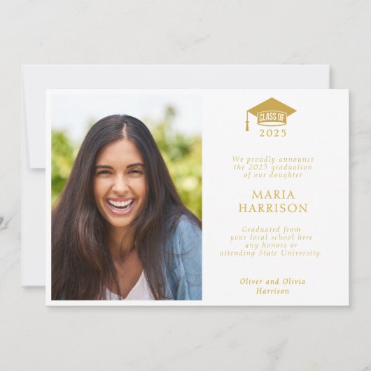 Klasse van 2025 Witte en Gouden Fotoaankondiging Aankondiging (Voorkant)