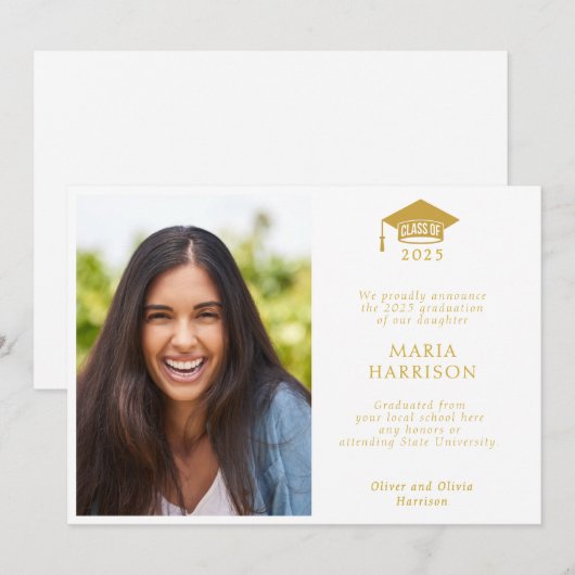 Klasse van 2025 Witte en Gouden Fotoaankondiging Aankondiging (Voorkant / Achterkant)