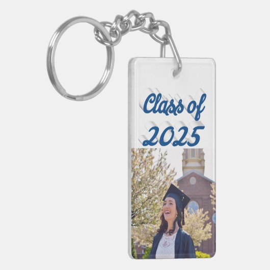 Klasse van 2025 zee blauw script afstuderen foto sleutelhanger (Voorkant Links)