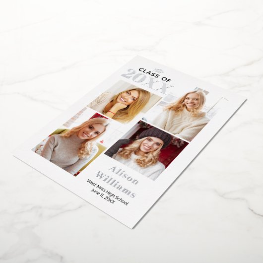 Klasse van 2025 zilveren folie afstuderen 4 foto's folie uitnodiging (Gedraaid)