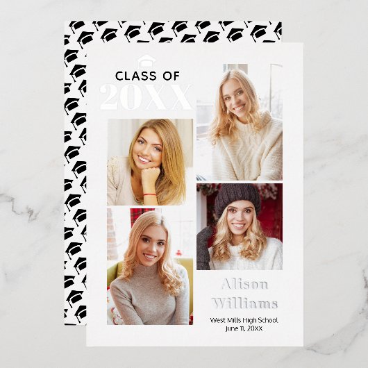 Klasse van 2025 zilveren folie afstuderen 4 foto's folie uitnodiging (Voorkant / Achterkant)