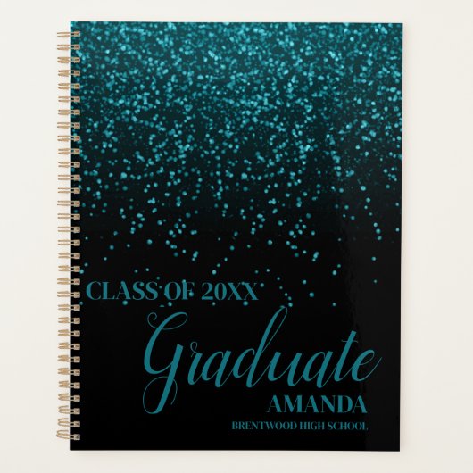Klasse van 2025 Zwart Blauwgroen Glitter Afstudere Planner (Voorkant)