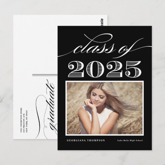  Klasse van 2025 Zwart Foto Afstuderen Briefkaart (Voorkant / Achterkant)