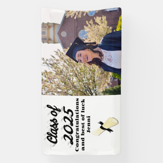 Klasse van 2025 zwart script afstuderen foto spandoek (Verticaal)