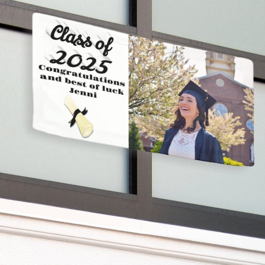 Klasse van 2025 zwart script afstuderen foto spandoek (Buitenkant Gebouw)