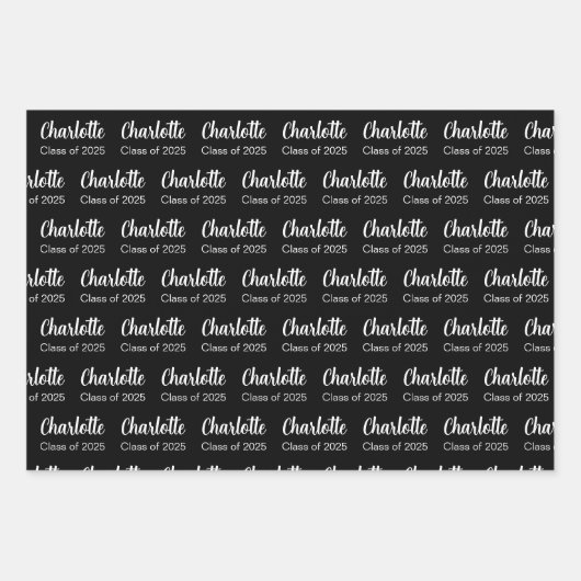 Klasse van 2025 Zwart Wit Afstuderen naampatroon Inpakpapier Vel (Voorkant 3)