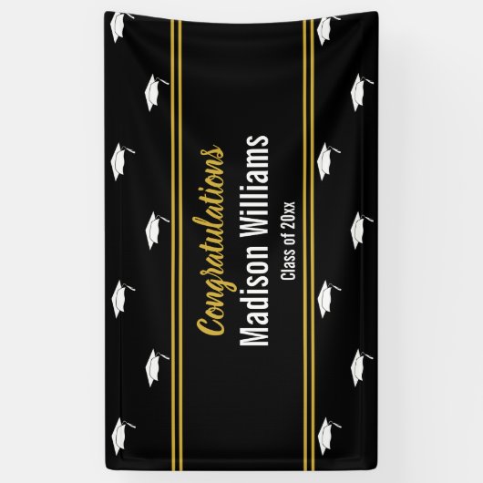 Klasse van 2025 Zwart Wit Goud Afstuderen Naam Spandoek (Verticaal)