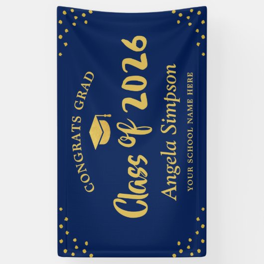 Klasse van 2026 Dark Blue Gold Afstuderen Display Spandoek (Verticaal)