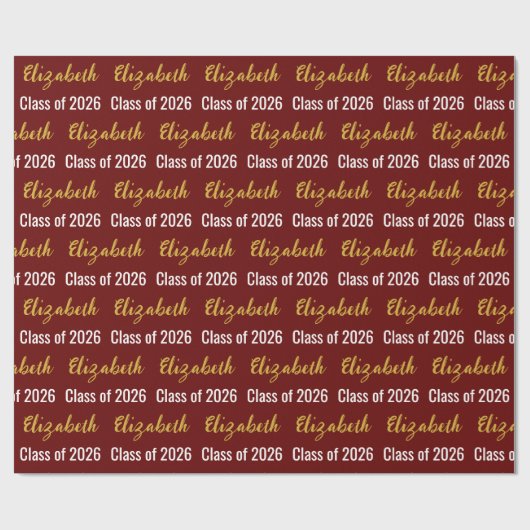 Klasse van 2026 Graduate's Name Dark Red White Gol Cadeaupapier (Vlak)