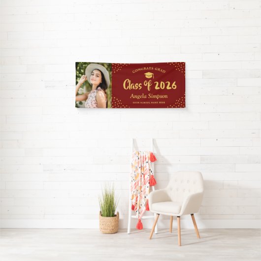Klasse van 2026 Red Gold Photo Graduation Party Spandoek (Insitu)