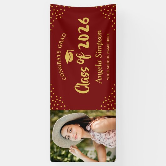 Klasse van 2026 Red Gold Photo Graduation Party Spandoek (Verticaal)
