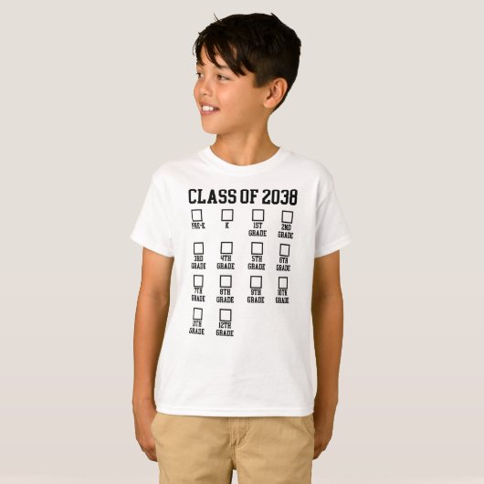 Klasse van 2038 Groei met me Checklist Afstuderen T-shirt (Voorkant volledig)