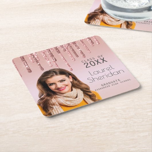 Klasse van 20XX Afstuderen Roze Glitter Custom Pho Kartonnen Onderzetters (Schuin)