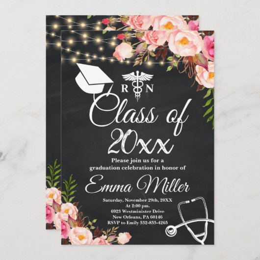 Klasse van 20XX - Elegant Nursing School Afstudere Kaart (Voorkant / Achterkant)