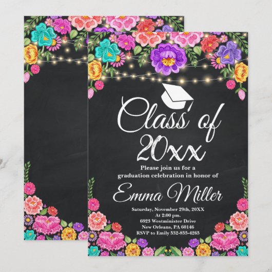 Klasse van 20XX Mexicaans Bloemen Chalkboard Afstu Kaart (Voorkant / Achterkant)