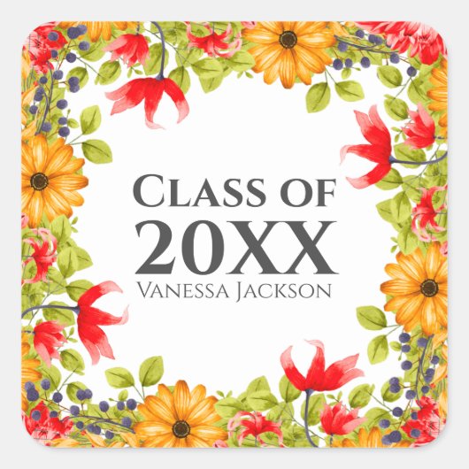 Klasse van 20XX Modern Bright Floral Afstuderen Vierkante Sticker (Voorkant)