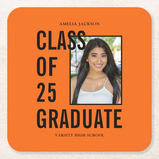 Klasse van 25 Afstuderen Oranje foto afstudeerfees Kartonnen Onderzetters (Voorkant)