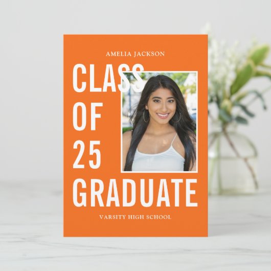 Klasse van 25 Afstuderen Sinaasappel witte foto Af Aankondiging (Staand voorkant)