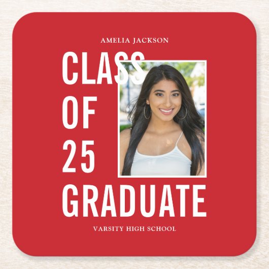 Klasse van 25 feestelijke rode foto afstudeerfeest kartonnen onderzetters (Voorkant)