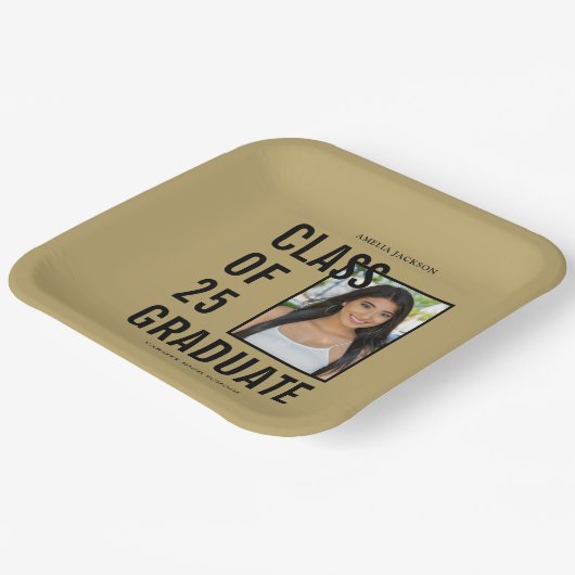 Klasse van 25 Zwart & Goud Foto Graduation Party Papieren Bordje (Gebogen)