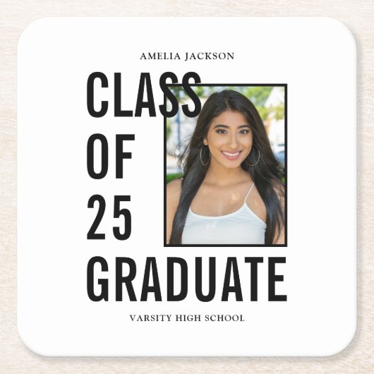Klasse van 25 zwart-wit foto afstudeerfeest kartonnen onderzetters (Voorkant)