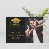 Klasse van de foto Black Gold Graduation Party Kaart (Staand voorkant)