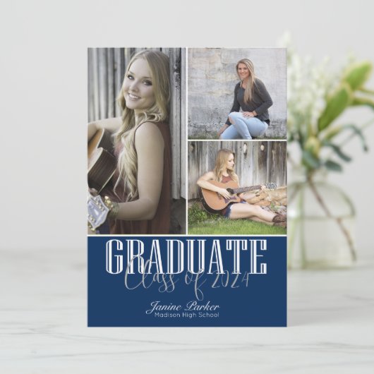 Klasse van vier foto's blauw Afstuderen toevoegen Aankondiging (Staand voorkant)