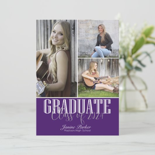 Klasse van vier foto's Paars Afstuderen toevoegen Aankondiging (Staand voorkant)