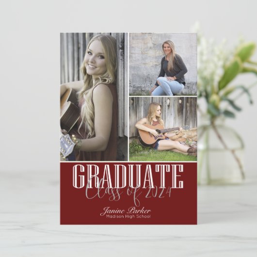 Klasse van vier foto's rood Afstuderen toevoegen Aankondiging (Staand voorkant)