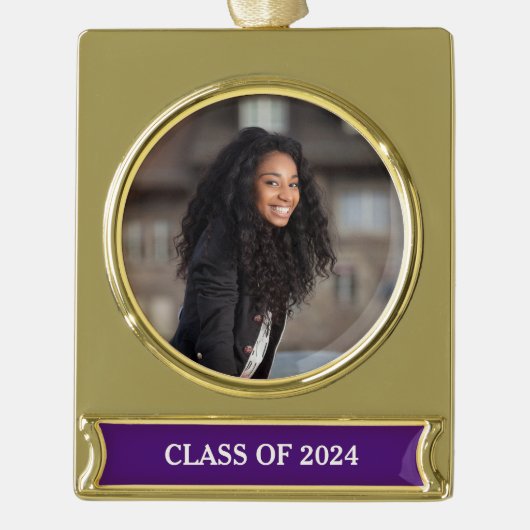 Klasse Year Afstuderen Foto Royal Paars Verguld Banner Ornament (Voorkant)
