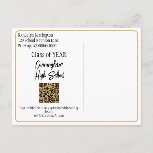 Klassehereniging Bewaar de datum Zwart Goud QR Cod Briefkaart (Achterkant)