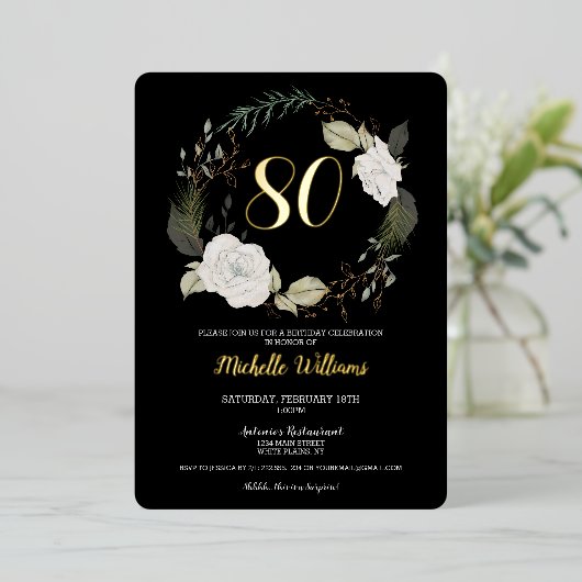 Klassiek 80e verjaardagsfeestje Bloemenkrans Goud Folie Uitnodiging (Staand Voorkant)