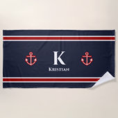 Klassiek Anker Nautisch Rood Wit Blauw Monogram Strandlaken (Voorkant)