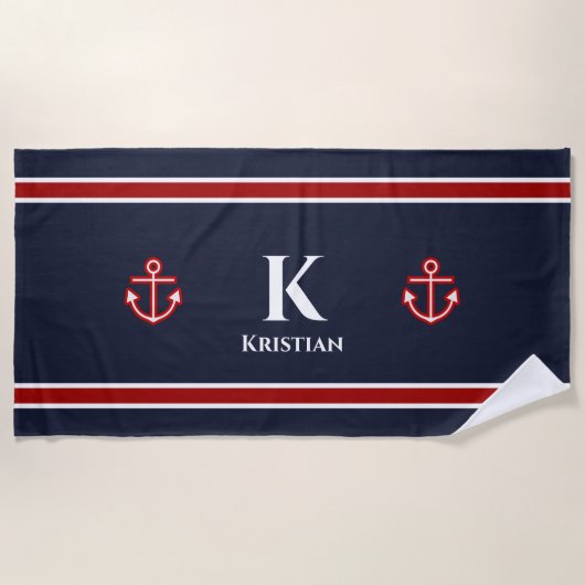 Klassiek Anker Nautisch Rood Wit Blauw Monogram Strandlaken (Voorkant)