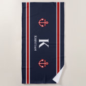 Klassiek Anker Nautisch Rood Wit Blauw Monogram Strandlaken (Voorkant)