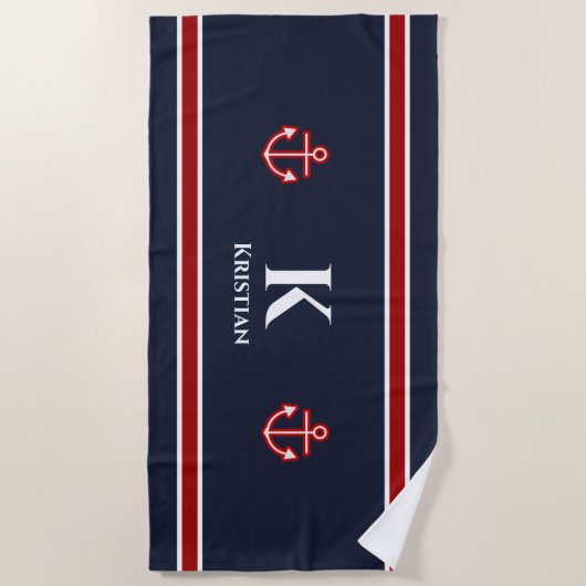 Klassiek Anker Nautisch Rood Wit Blauw Monogram Strandlaken (Voorkant)