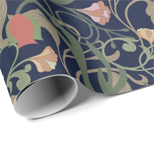 Klassiek Antiek Blauw Art Nouveau bloemmotief Cadeaupapier (Rol Hoek)