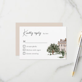 Klassiek aquarel Engels landhuis trouwen RSVP Kaartje