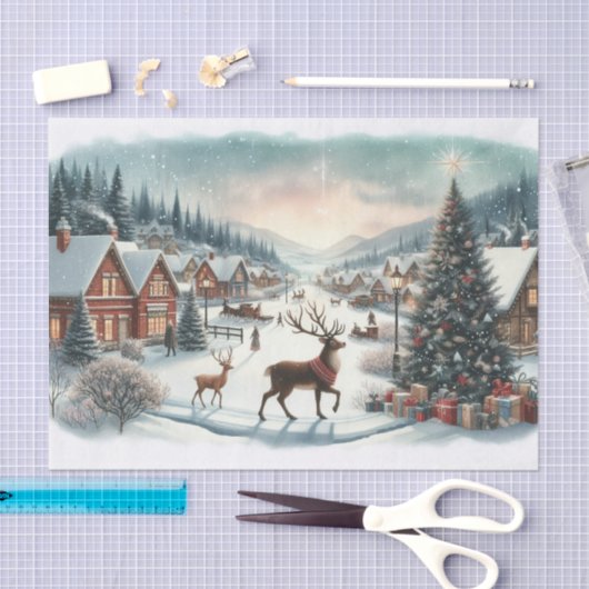 Klassiek aquarel Kerst dorp met rendieren Tissuepapier (Craft)