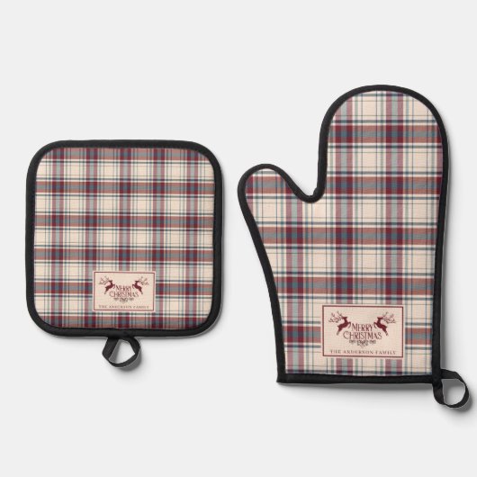 Klassiek Beige & Burnt Red Buffalo Plaid Christmas Ovenwant & Pannenlap Set (Voorkant)
