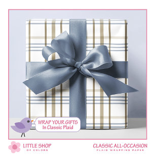 Klassiek Beige en Blauwe Ruitpatroon Cadeaupapier