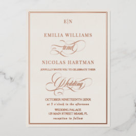 Klassiek Beige & Goud Monogram Trouwen Folie Uitnodiging