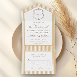 Klassiek Beige Taan Gestreepte Wapen Monogram Huwe All In One Uitnodiging