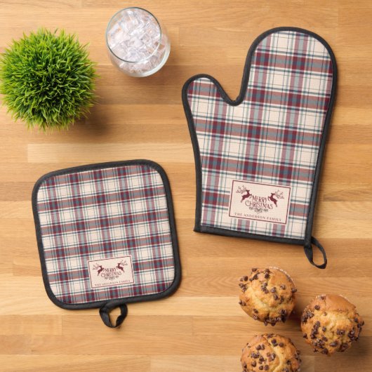 Klassiek Beige & Verbrand Rood Buffalo Plaid Kerst Ovenwant & Pannenlap Set (Top down)