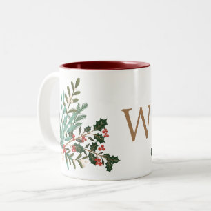 Klassiek Betoverend Elegant Kerst Monogram Tweekleurige Koffiemok