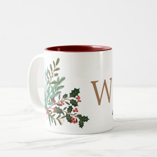 Klassiek betoverend elegant kerstmonogram tweekleurige koffiemok (Voorkant links)