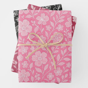 Klassiek blad bloemmotief op rood zwart roze inpakpapier vel