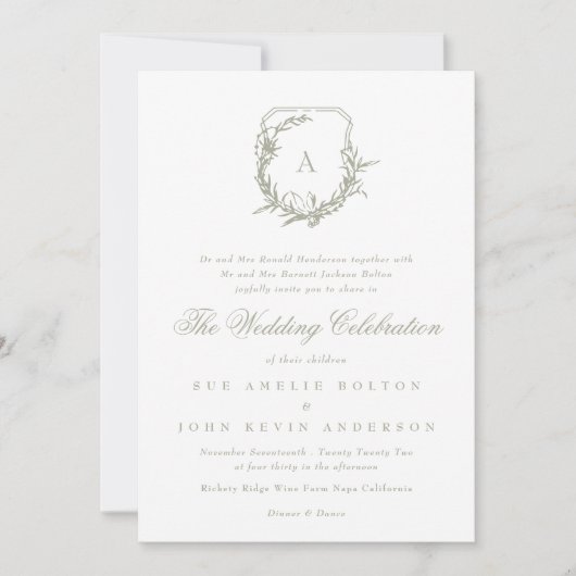 Klassiek blad kuif bruiloft salie groen monogram kaart (Voorkant)
