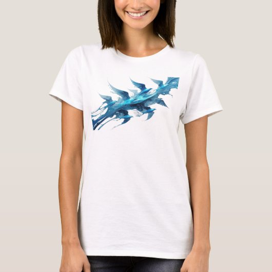 Klassiek Blauw Abstract Vogels Mode Kunst T-shirt (Voorkant)